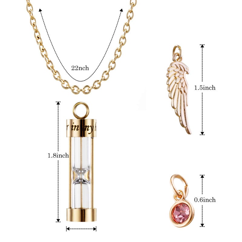 PREKIAR Cremation Urn Necklace for Ashes Time Hourglass Memory Jewelry Pendant Keepsake with Angel Wing and 12 Birthstones Forever In My Heart (Golden hourglass) - Image 2